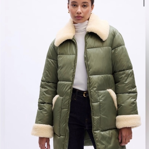Gap ColdControl Max Long Puffer Coat. Mesclun Green, Sherpa Lined - Picture 6 of 6